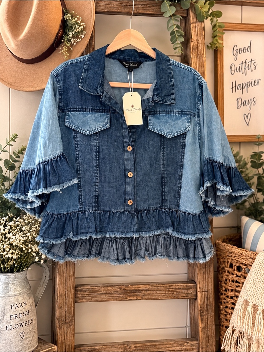 Patchwork Ruffle Denim Button-Front Shirt - Blue